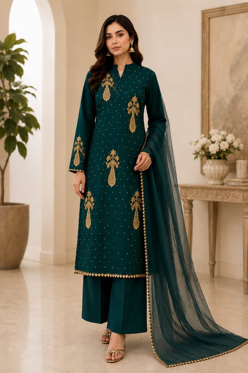 Fancy Gown With Plain Suite Green